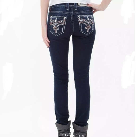 Rock Revival Jeans Nicci Mid Rise Skinny Stretch Denim Rhinestones Studs Blue 27 - Picture 16 of 16